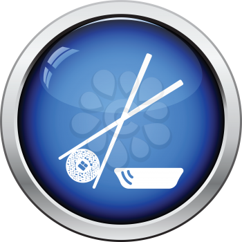 Sushi with sticks icon. Glossy button design. Vector illustration.