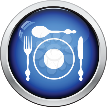 Silverware and plate icon. Glossy button design. Vector illustration.