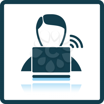Businessman sitting behind a laptop icon. Shadow reflection design. Vector illustration.