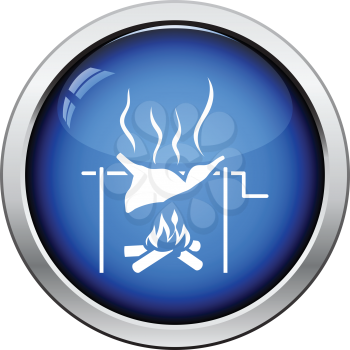 Roasting meat on fire icon. Glossy button design. Vector illustration.