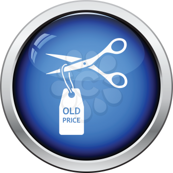 Scissors cut old price tag icon. Glossy button design. Vector illustration.