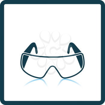 Icon of chemistry protective eyewear. Shadow reflection design. Vector illustration.