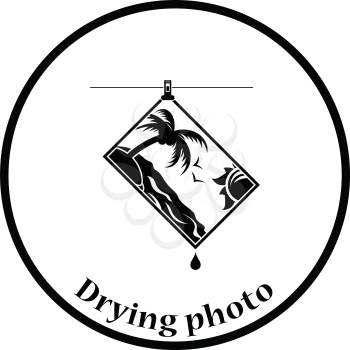 Icon of photograph drying on rope. Thin circle design. Vector illustration.