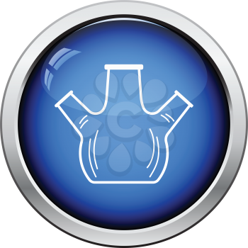 Icon of chemistry round bottom flask with triple throat. Glossy button design. Vector illustration.