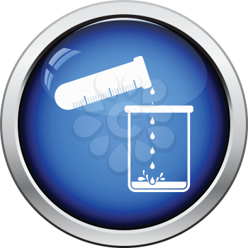 Icon of chemistry beaker pour liquid in flask. Glossy button design. Vector illustration.
