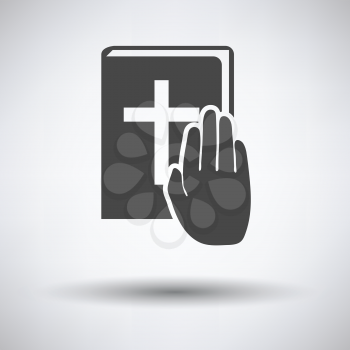 Hand on Bible icon on gray background with round shadow. Vector illustration.