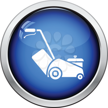 Lawn mower icon. Glossy button design. Vector illustration.