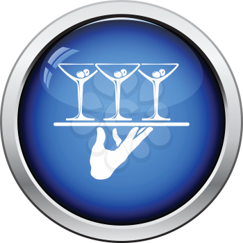 Waiter hand holding tray with martini glasses icon. Glossy button design. Vector illustration.
