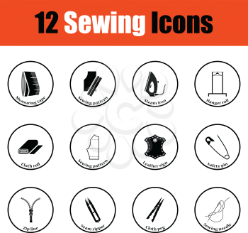 Set of twelve sewing icons.  Thin circle design. Vector illustration.