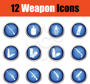 Set of twelve weapon icons.  Glossy button design. Vector illustration.