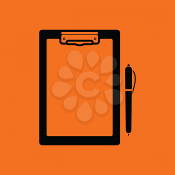 Tablet and pen icon. Orange background with black. Vector illustration.