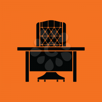 Table and armchair icon. Orange background with black. Vector illustration.