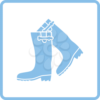 Hunter's rubber boots icon. Blue frame design. Vector illustration.
