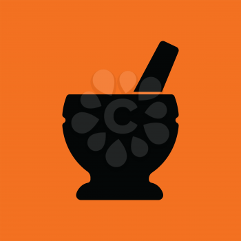 Mortar and pestle icon. Orange background with black. Vector illustration.