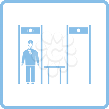 Stadium metal detector frame with inspecting fan icon. Blue frame design. Vector illustration.