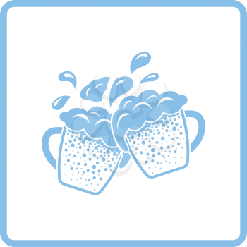 Two clinking beer mugs with fly off foam icon. Blue frame design. Vector illustration.