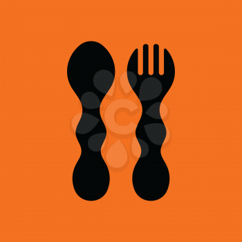 Baby spoon and fork icon. Orange background with black. Vector illustration.