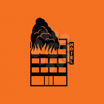 Hotel building in fire icon. Orange background with black. Vector illustration.
