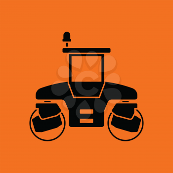 Icon of road roller. Orange background with black. Vector illustration.