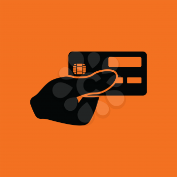 Hand holding credit card icon. Orange background with black. Vector illustration.