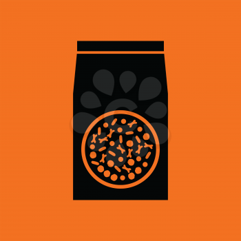 Packet of dog food icon. Orange background with black. Vector illustration.