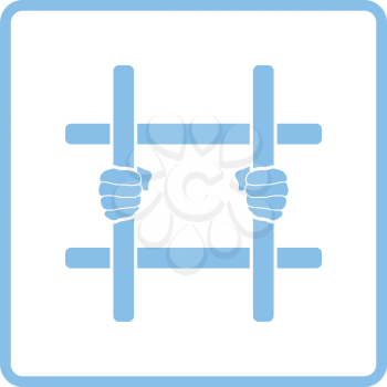 Hands holding prison bars icon. Blue frame design. Vector illustration.