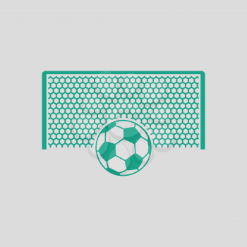 Soccer gate with ball on penalty point  icon. Gray background with green. Vector illustration.