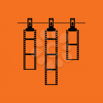 Icon of photo film drying on rope with clothespin. Orange background with black. Vector illustration.