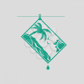 Icon of photograph drying on rope. Gray background with green. Vector illustration.