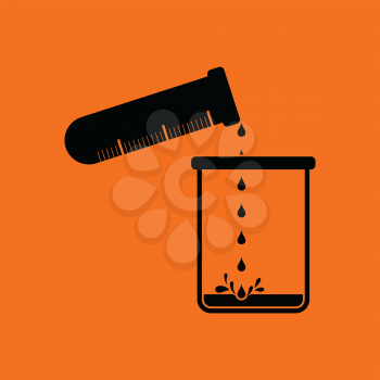Icon of chemistry beaker pour liquid in flask. Orange background with black. Vector illustration.