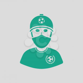 Football fan with covered  face by scarf icon. Gray background with green. Vector illustration.