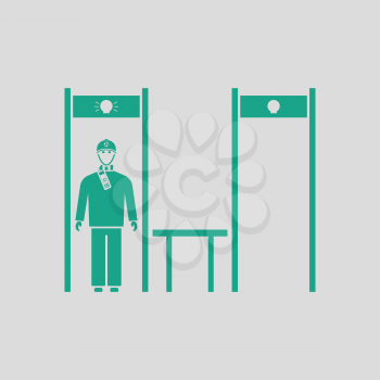 Stadium metal detector frame with inspecting fan icon. Gray background with green. Vector illustration.