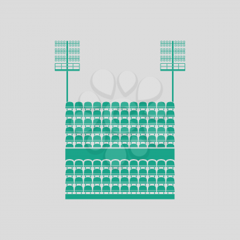Stadium tribune with seats and light mast icon. Gray background with green. Vector illustration.