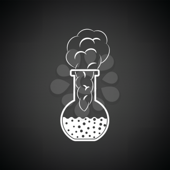 Icon of chemistry bulb with reaction inside. Black background with white. Vector illustration.