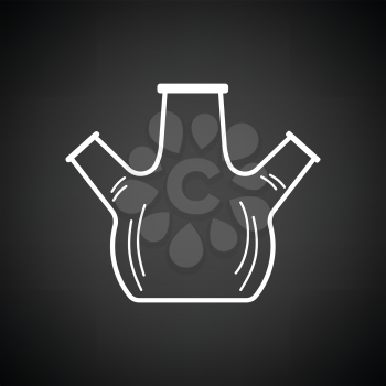 Icon of chemistry round bottom flask with triple throat. Black background with white. Vector illustration.