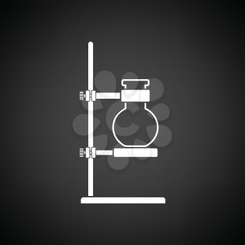 Icon of chemistry flask griped in stand. Black background with white. Vector illustration.