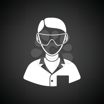 Icon of chemist in eyewear. Black background with white. Vector illustration.
