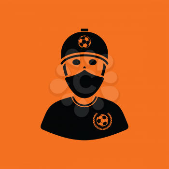 Football fan with covered  face by scarf icon. Orange background with black. Vector illustration.