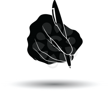 Hand with pen icon. White background with shadow design. Vector illustration.
