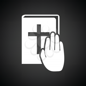Hand on Bible icon. Black background with white. Vector illustration.
