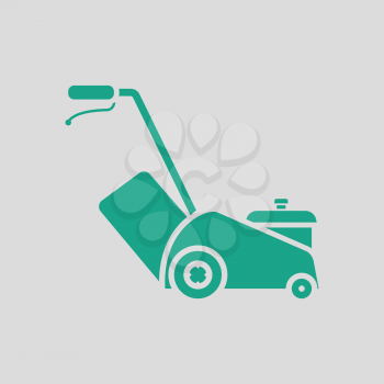 Lawn mower icon. Gray background with green. Vector illustration.