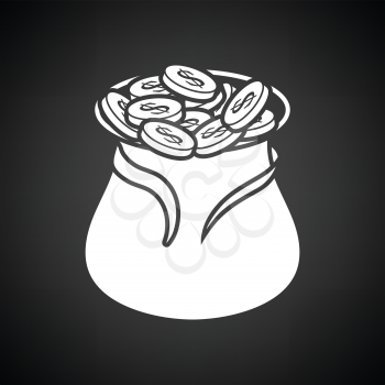 Open money bag icon. Black background with white. Vector illustration.