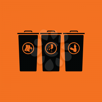 Garbage containers with separated trash icon. Orange background with black. Vector illustration.