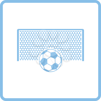 Soccer gate with ball on penalty point  icon. Blue frame design. Vector illustration.