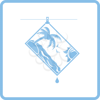 Icon of photograph drying on rope. Blue frame design. Vector illustration.