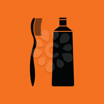 Toothpaste and brush icon. Orange background with black. Vector illustration.