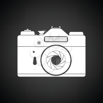 Icon of retro film photo camera. Black background with white. Vector illustration.