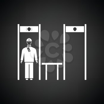 Stadium metal detector frame with inspecting fan icon. Black background with white. Vector illustration.