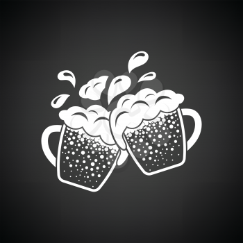 Two clinking beer mugs with fly off foam icon. Black background with white. Vector illustration.