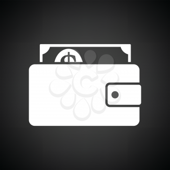 Wallet with cash icon. Black background with white. Vector illustration.